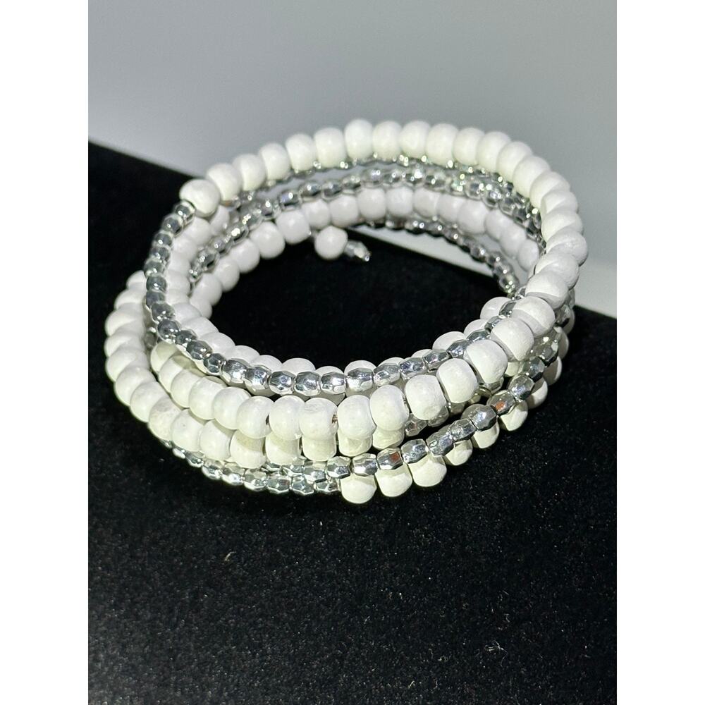 White Simulated Pearl Wrap Bracelet Silver Spacer Beads Stretch Multi Strand